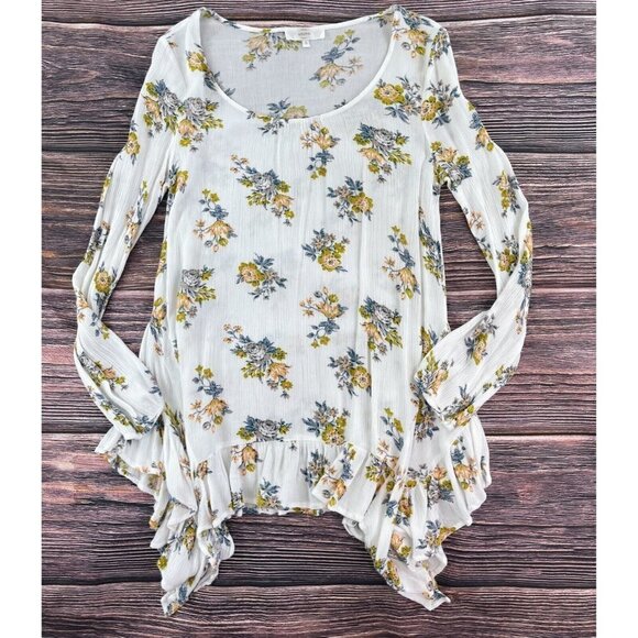 Entro Sz S Womens Floral Print Tunic Top Peasant Blouse Ruffle Asymmetrical Hem - Picture 4 of 7